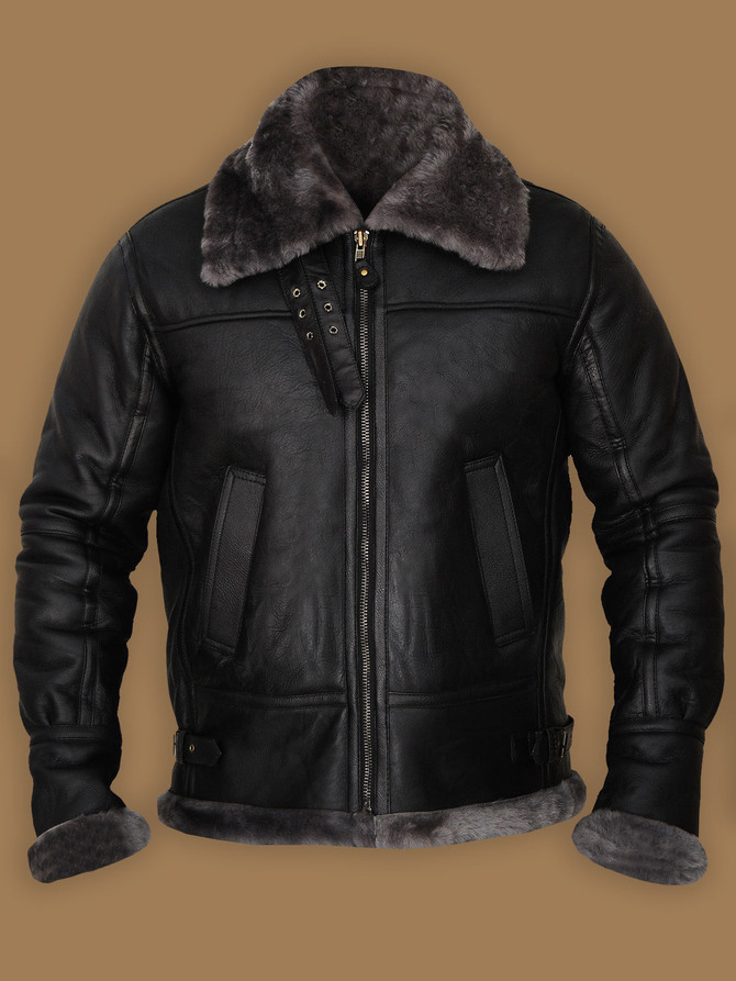 Men Black Shearling Jacket With Fur Hoodie