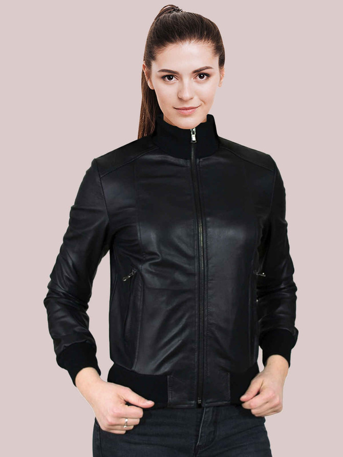 Women’s Black Glossy Leather Bomber Jacket