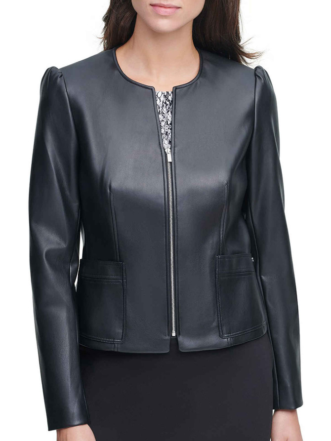 Womens Black Petite Zipper Plain Biker Jacket