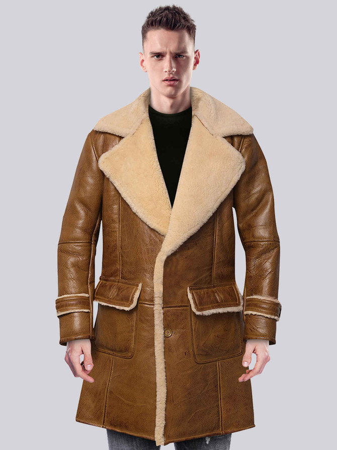 Men Brown Shearling asymmetrical Leather Coat