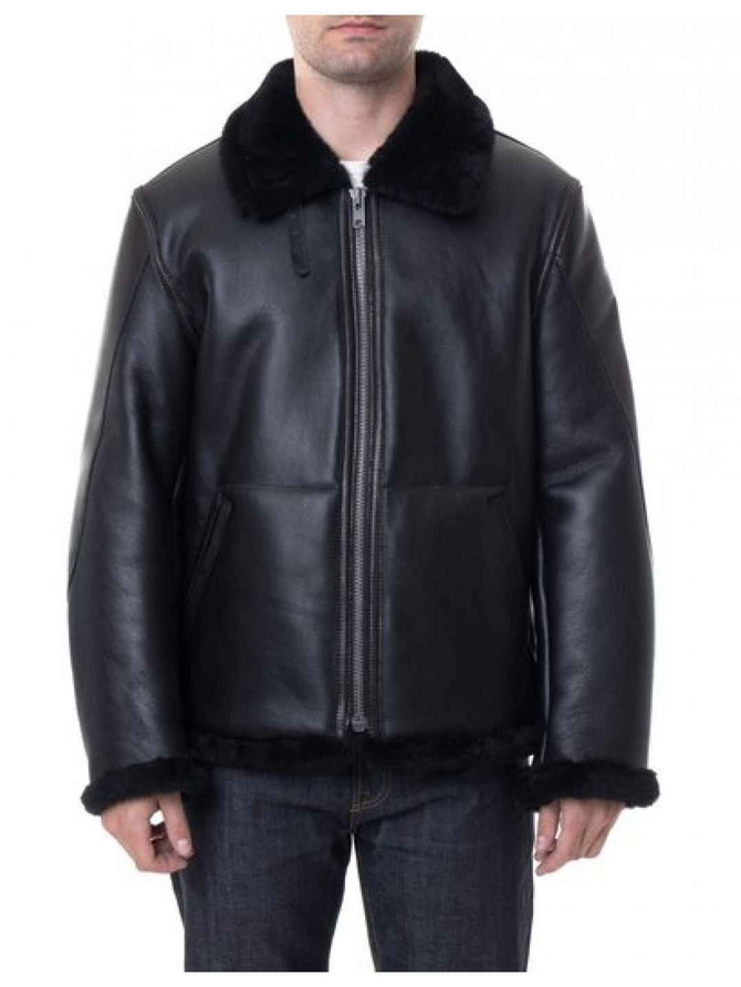 Mens Sheepskin Fur Folding Collar Black Biker Jacket