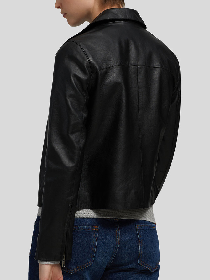 Stylish Womens Black Hem Collar Biker Racer Leather Jacket