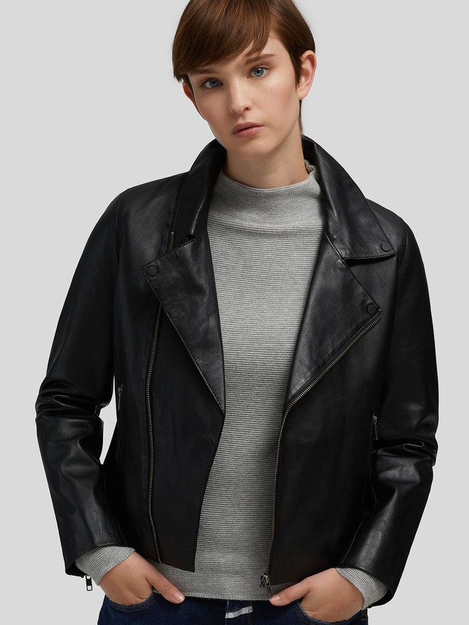 Stylish Womens Black Hem Collar Biker Racer Leather Jacket