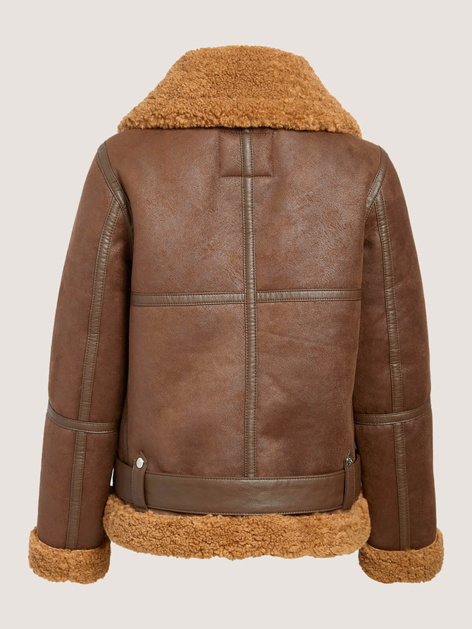 Women’s Brown Shearling Fur Collar Leather Biker Jacket