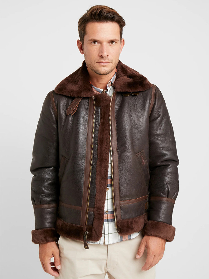 Classic Dark Brown Aviator Shearling Leather Jacket