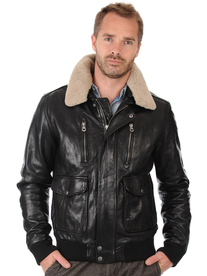 Mens Black Fur Collar Bomber Jacket