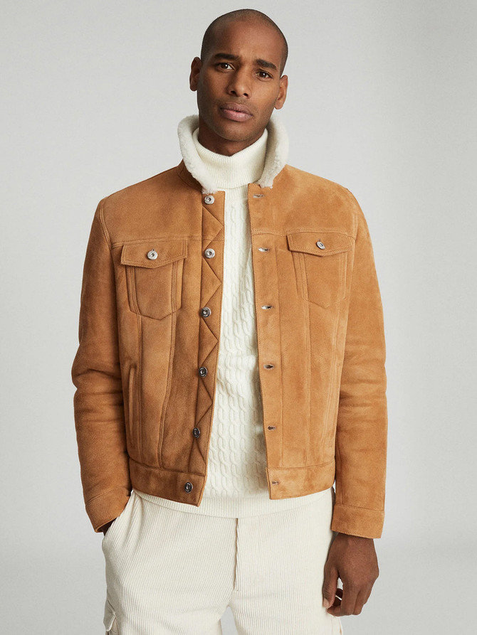 Mens Stylish Camel Shearling Trucker Jacket