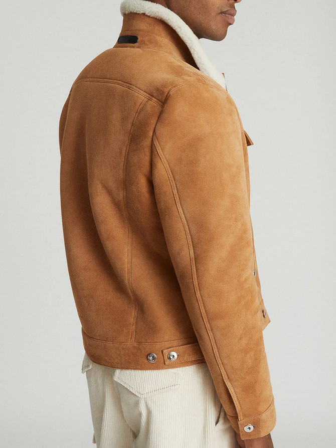 Mens Stylish Camel Shearling Trucker Jacket