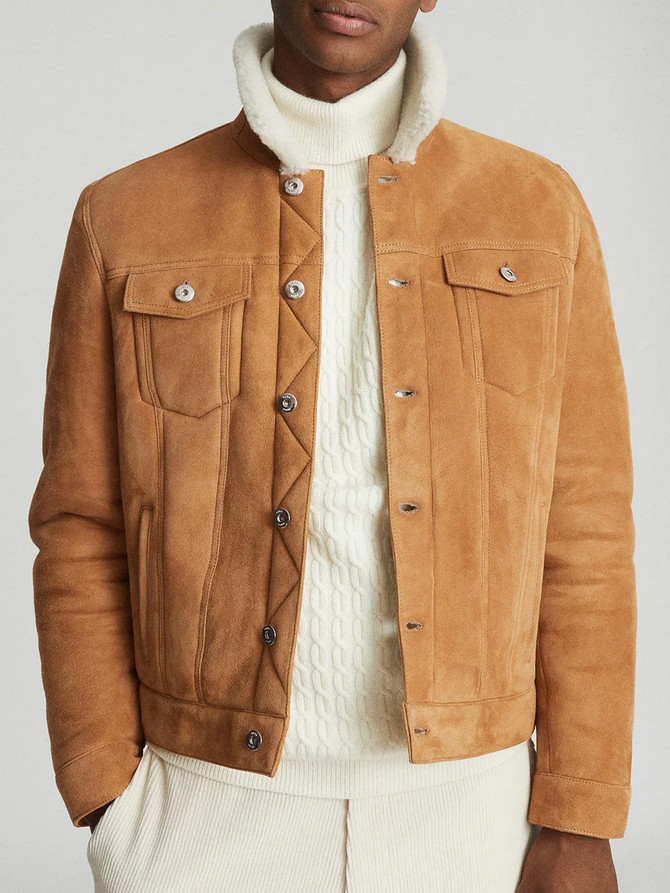 Mens Stylish Camel Shearling Trucker Jacket