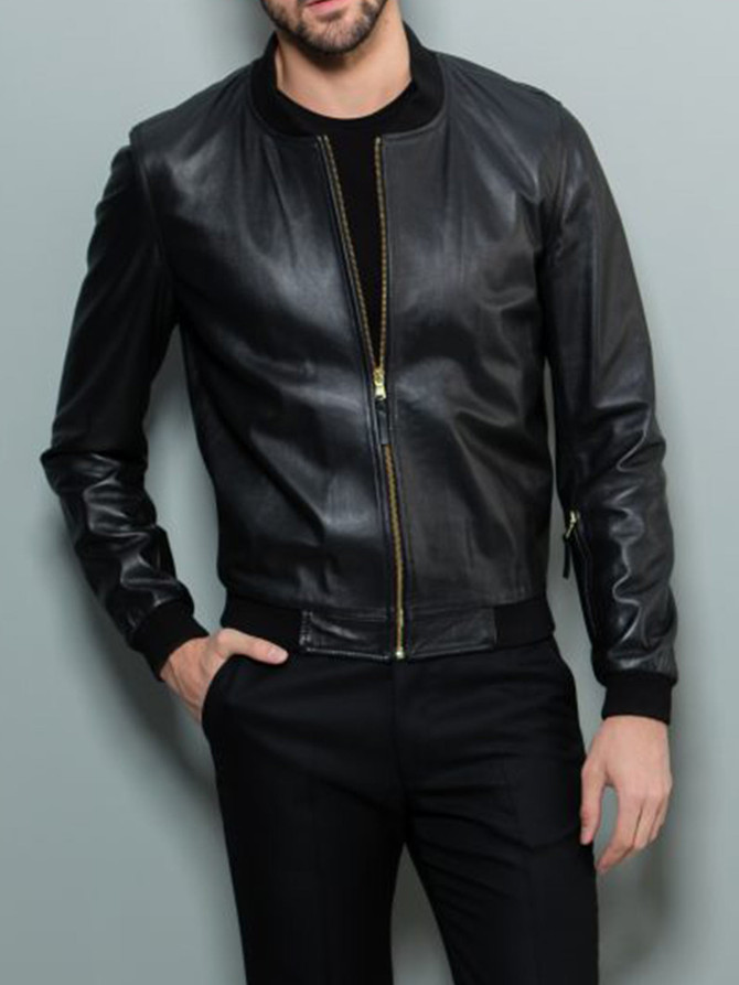Mens Shiny Black Leather Bomber Jacket