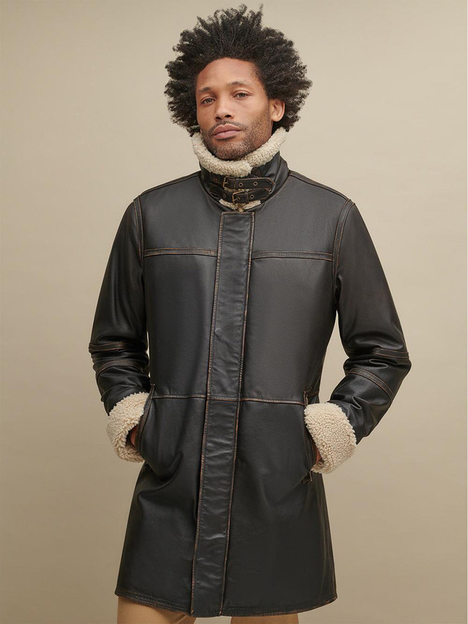 Mens Stylish Brown Faux Fur Lined Long Coat