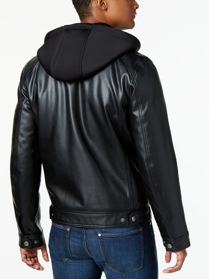 Black Mens Real Leather Hooded Jacket