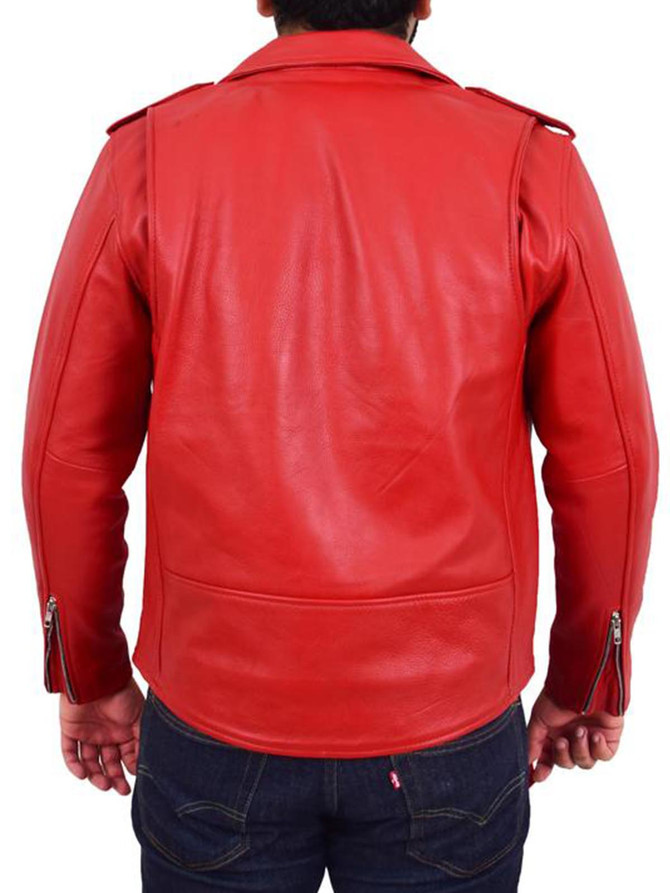 Mens Heavy Duty Red Leather Biker Jacket