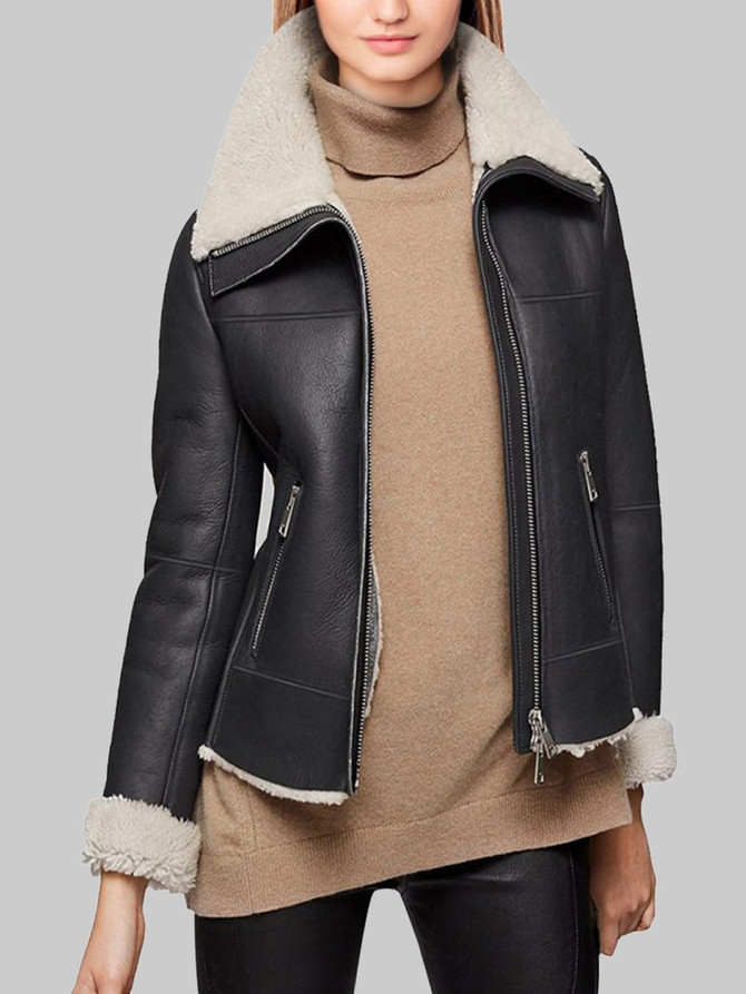 Women Black Aviator Shearling Jacket