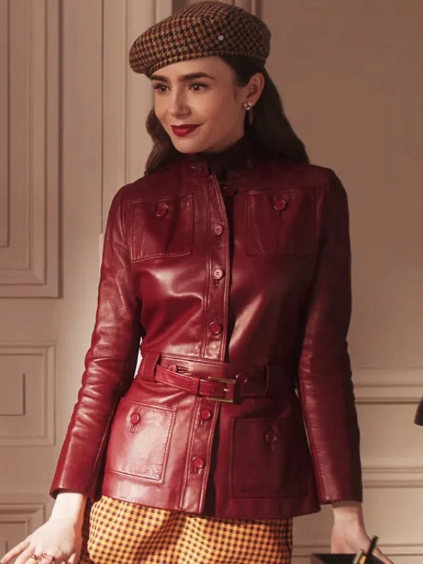 Lily Collins Emily In Paris S04 Red Leather Jacket