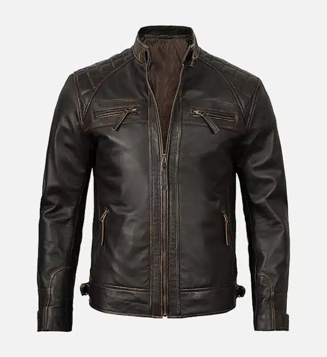 Men's Cafe Racer Distressed Brown Leather Jacket