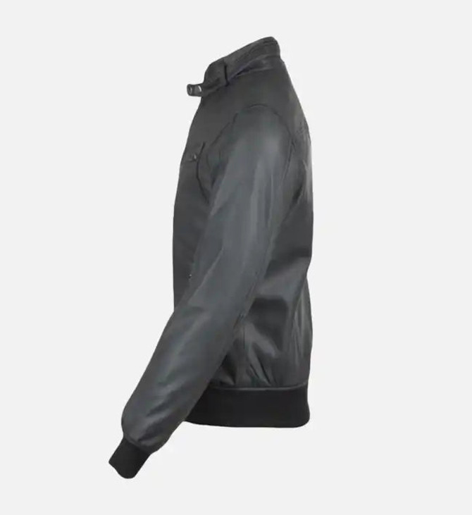 Men's Snap Double Button Collar Grey Leather Bomber Jacket