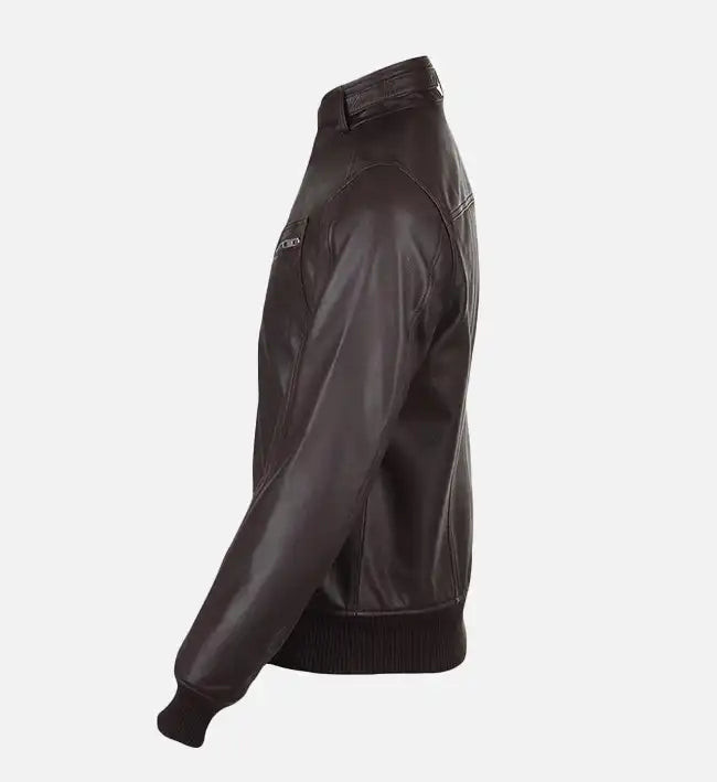 Men's Snap Double Button Collar Brown Leather Bomber Jacket