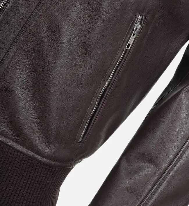 Men's Snap Double Button Collar Brown Leather Bomber Jacket