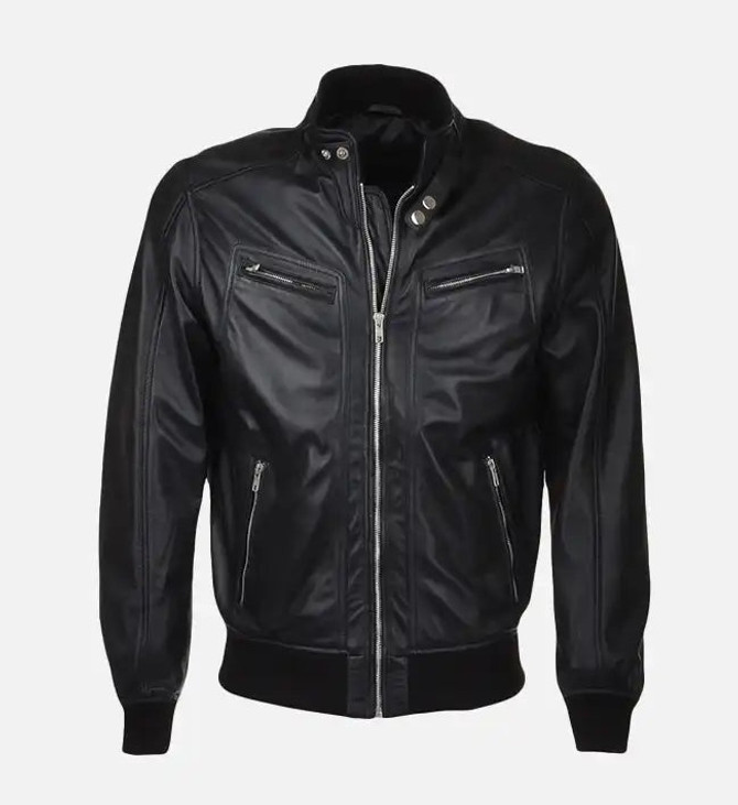 Men's Snap Double Button Collar Black Leather Bomber Jacket