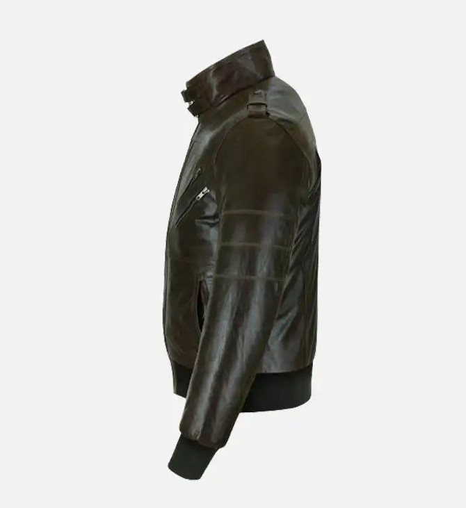 Men's Slim Fit Wired Collar Brown Bomber Leather Jacket