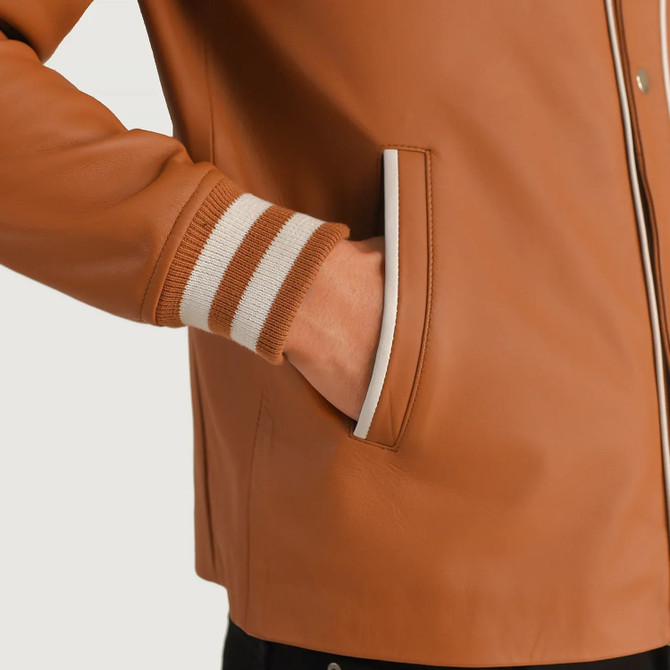 Men's Willis Tan Brown Leather Varsity Jacket