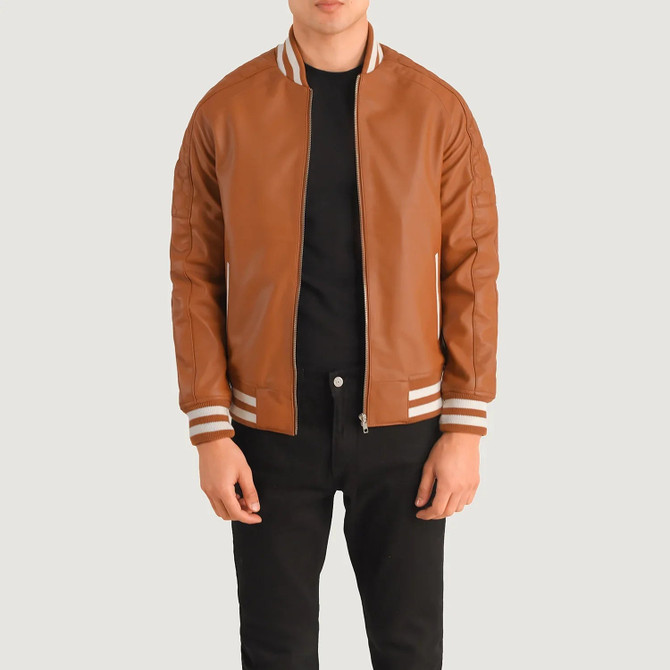 Men's Pascal Tan Brown Leather Varsity Jacket