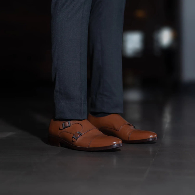 Double Monk Strap Tan Leather Shoes