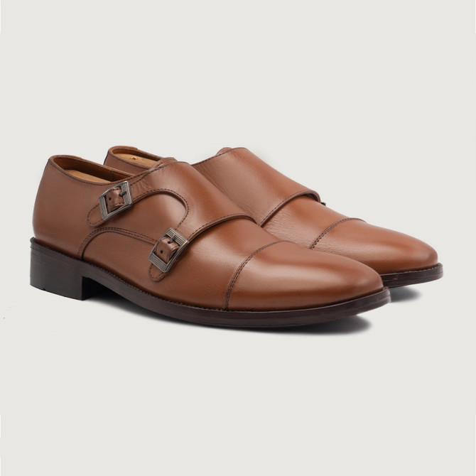 Double Monk Strap Tan Leather Shoes