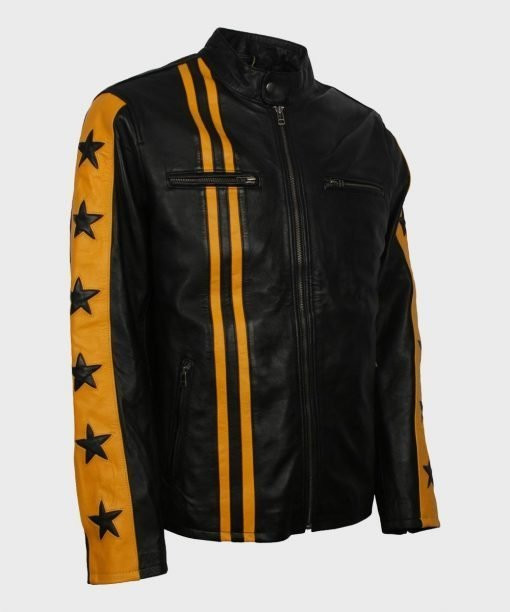 Mens Cafe Racer Yellow Star Black Leather Jacket