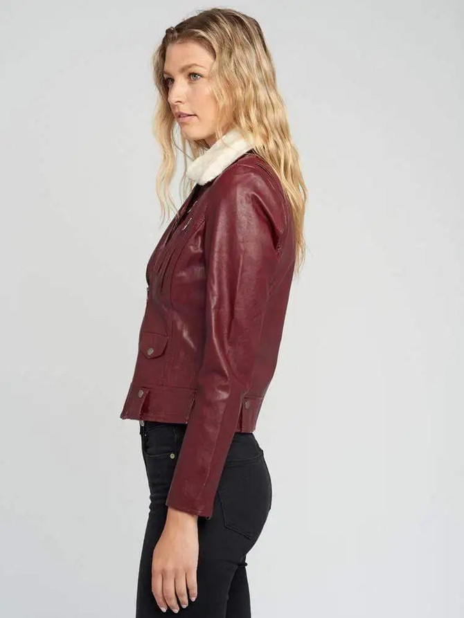 Women's Maroon Biker Shearling Fur Collared Leather Jacket