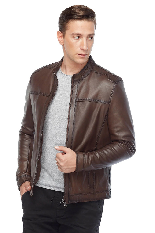 Sport Stitched Classic Real Leather Brown Jacket