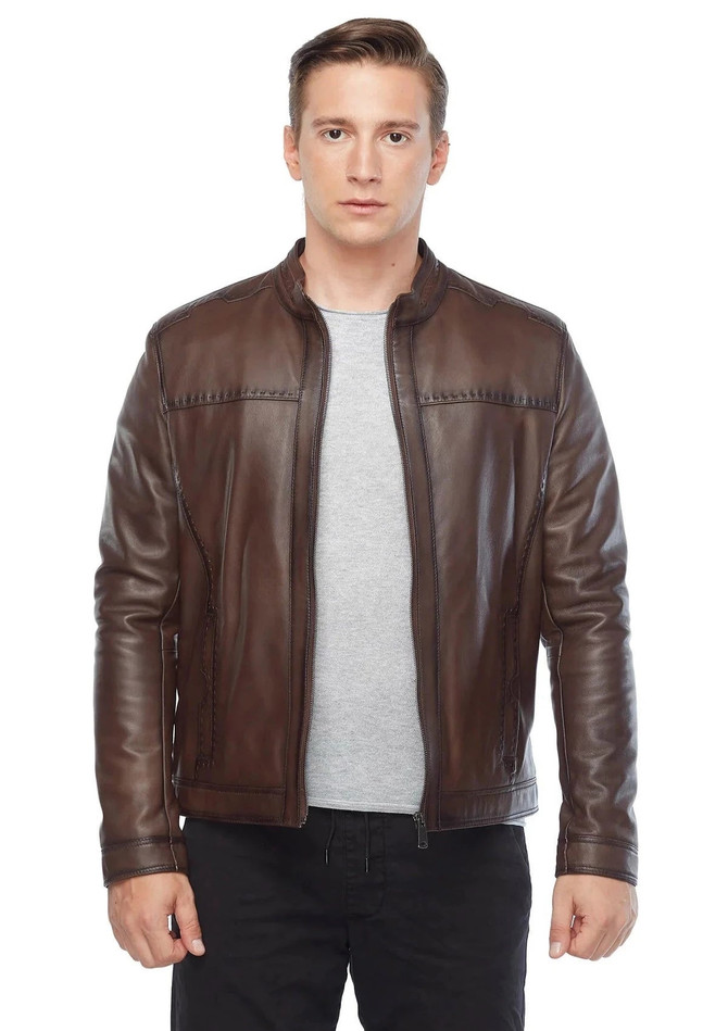 Sport Stitched Classic Real Leather Brown Jacket