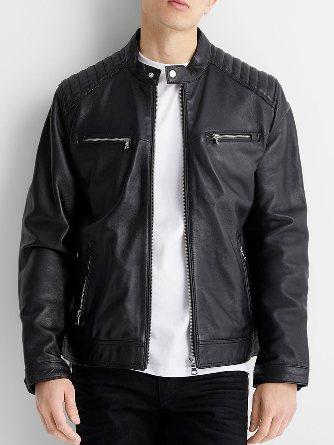 Mens Top Stiched Black Biker Leather Jacket