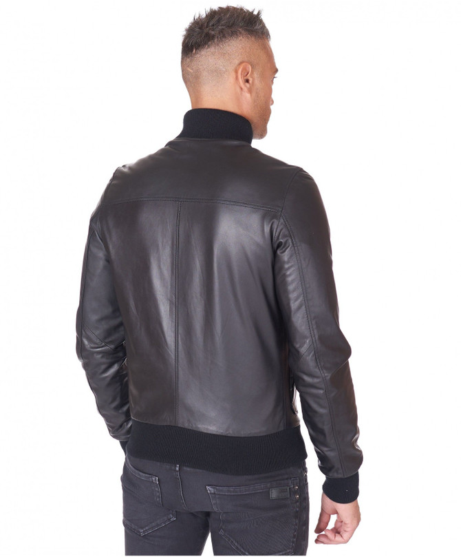 Men Genuine Leather Black Bomber Jacket