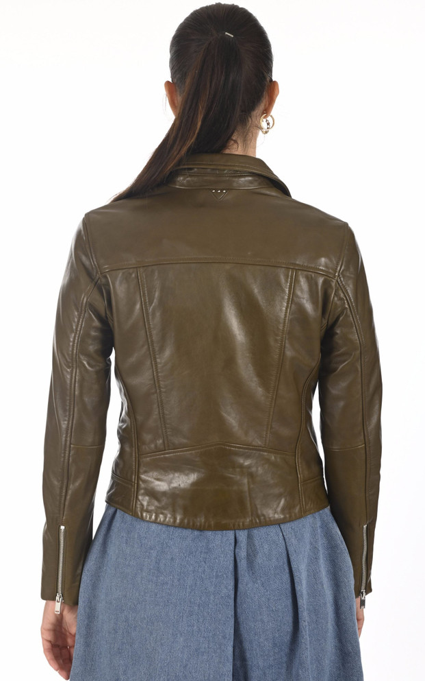 Stylish Olive Green Real Leather Jacket For Women – Boneshia