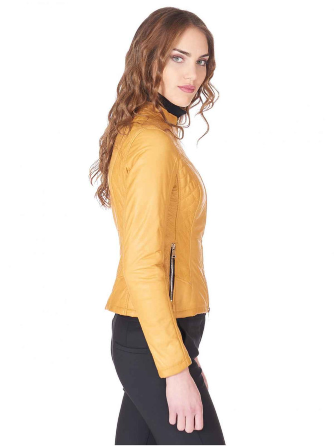Womens Round Collar leather jacket Yellow