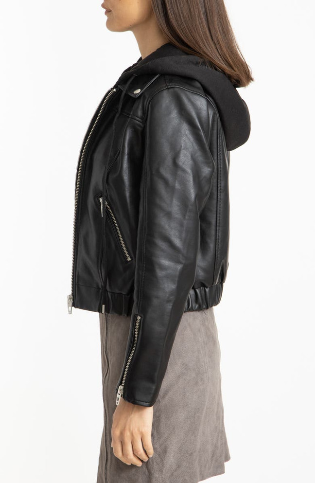 womens hooded biker Leather jacket in Black