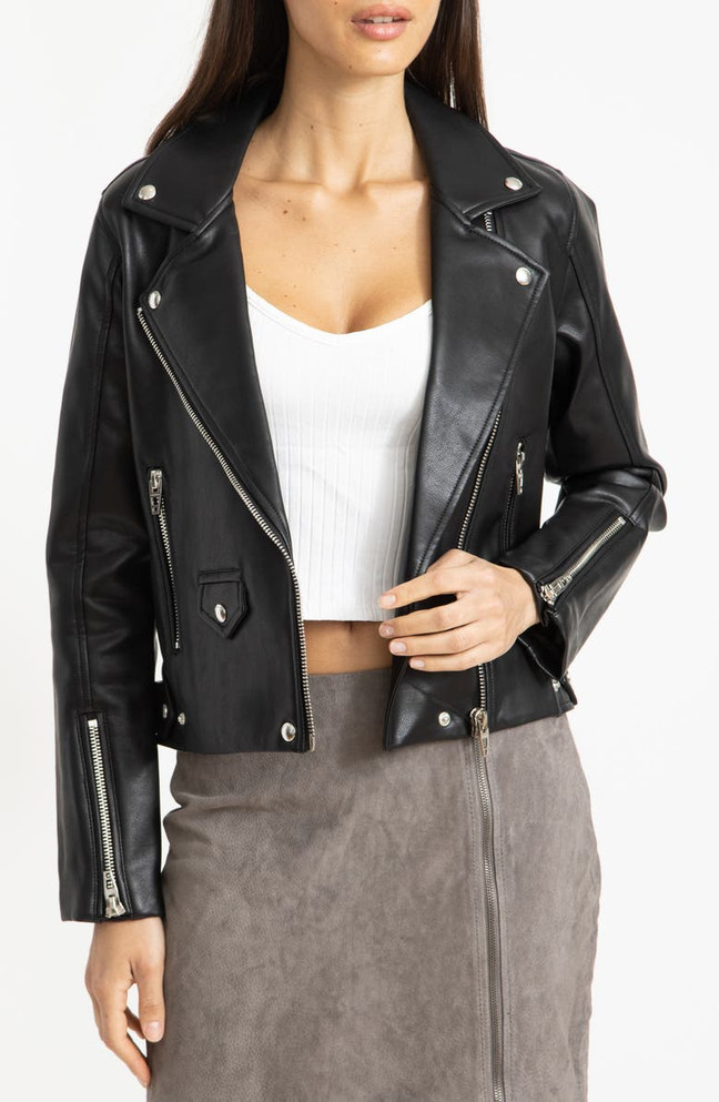 womens hooded biker Leather jacket in Black