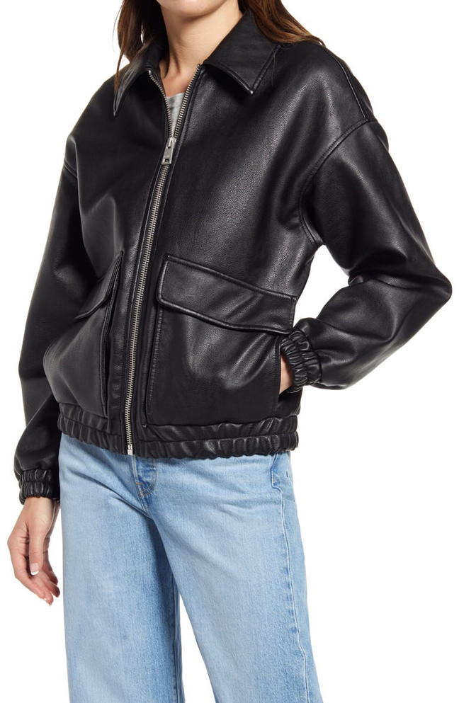 womens Bomber biker Leather jacket in Black