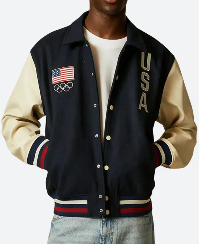 Paris Olympic 2024 Team USA Varsity Jacket Front Image Paris Olympic 2024 Team USA Varsity Jacket Front Image