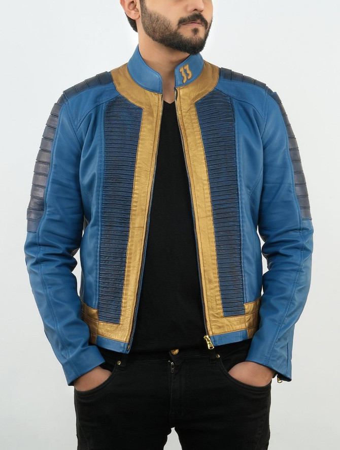 Vault33 Lucy Fallout Inspired New Blue Gold Leather Cosplay Jacket for men Vault33 Lucy Fallout Inspired New Blue Gold Leather Cosplay Jacket for men