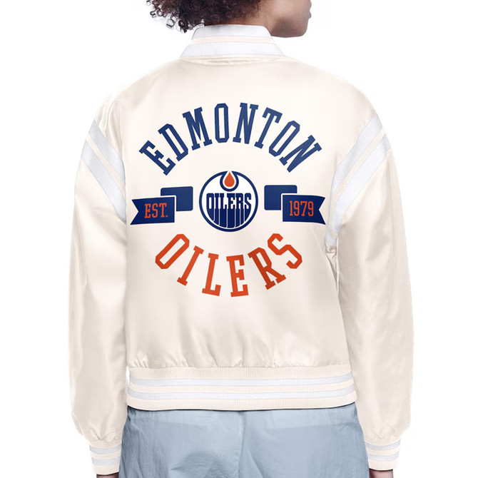 Edmonton Oilers Printed Logo Varsity Satin Jacket Edmonton Oilers Printed Logo Varsity Satin Jacket