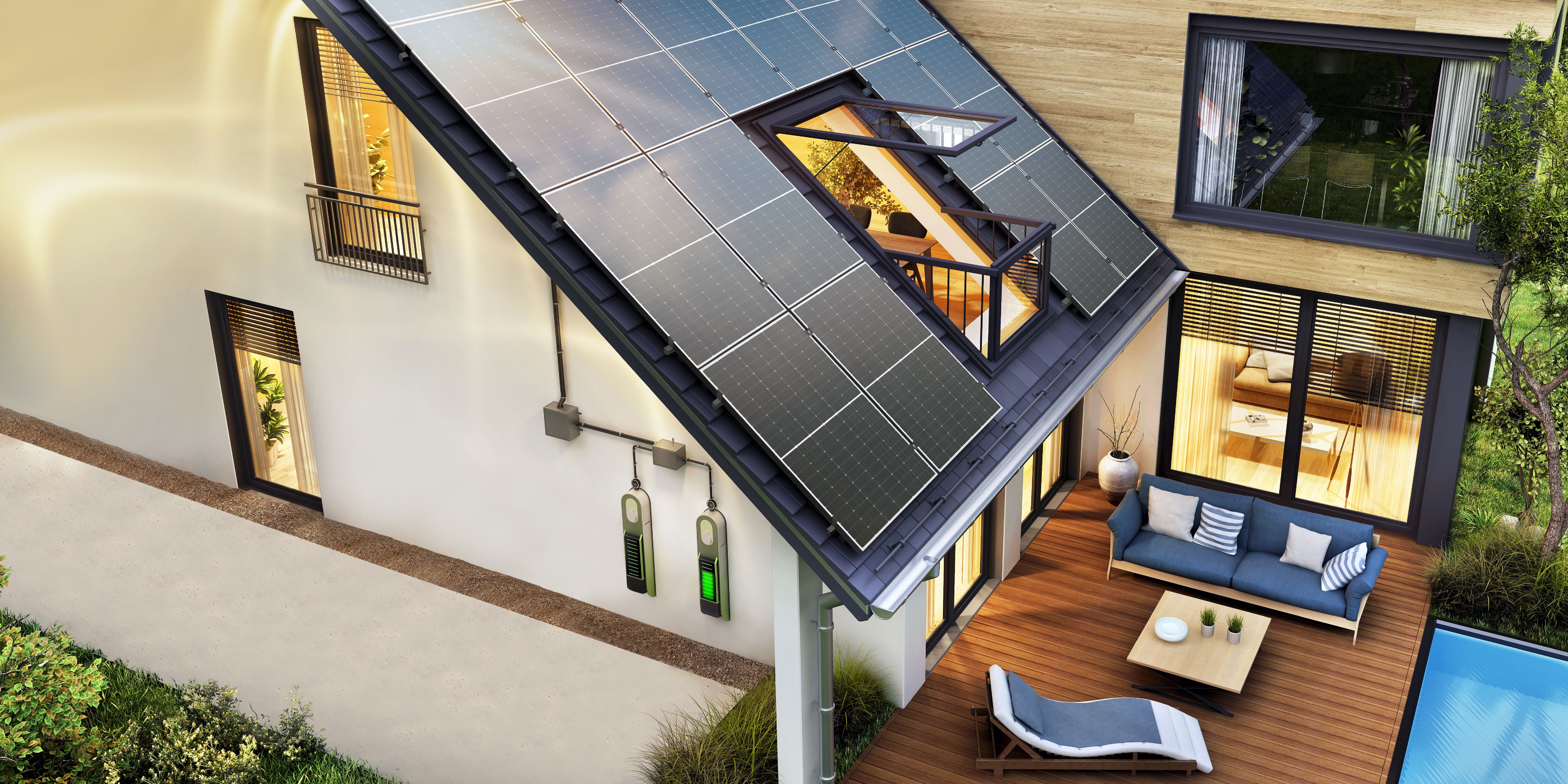 Immagine di una casa con moduli fotovoltaici sul tetto