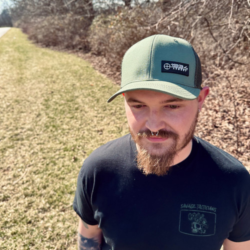 Olive Green Trucker Hat with Mesh Back and front 1934 Armory Rubber Patch