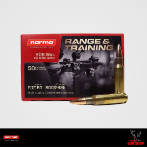 308 Win Norma Range & Training 150gr FMJ 50-round ammunition pack with high-quality brass cases, available at Townsville Gun Shop. 308 Win Norma Range & Training 150gr FMJ 50-round ammunition pack with high-quality brass cases, available at Townsville Gun Shop.