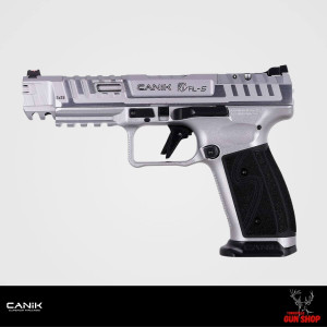 Canik SFx RIVAL-S 9mm Chrome Pistol (SKU: CSFXRIVALSC) – all-steel competition pistol with 3x 10-round magazines, flared magwell, and optic-ready slide. Canik SFx RIVAL-S 9mm Chrome Pistol (SKU: CSFXRIVALSC) – all-steel competition pistol with 3x 10-round magazines, flared magwell, and optic-ready slide.