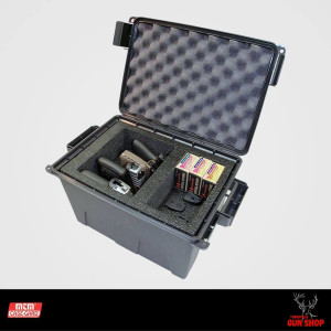 Open case showing foam layout for four handguns and accessory space. Open case showing foam layout for four handguns and accessory space.