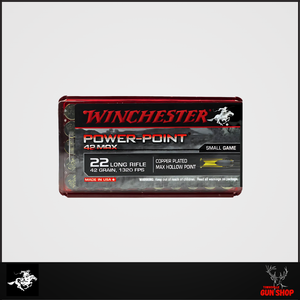 .22LR WINCHESTER POWER POINT MAX 42GR HP COPPER PLATED 50PK (SKU: PP22LRH42)
High-velocity .22LR ammo with 42-grain copper-plated hollow point for improved terminal performance. Built for hunting and precision shooting.