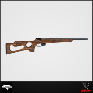 High-resolution image of the ANSCHUTZ 1761 22LR DHB Thumbhole Heavy Barrel 20" Rifle (SKU: 1761DHBTH22), showcasing its elegant walnut thumbhole stock, precision-engineered 20" heavy barrel, and blued steel finish. Ideal for Australian hunters and target shooters seeking superior craftsmanship and accuracy.